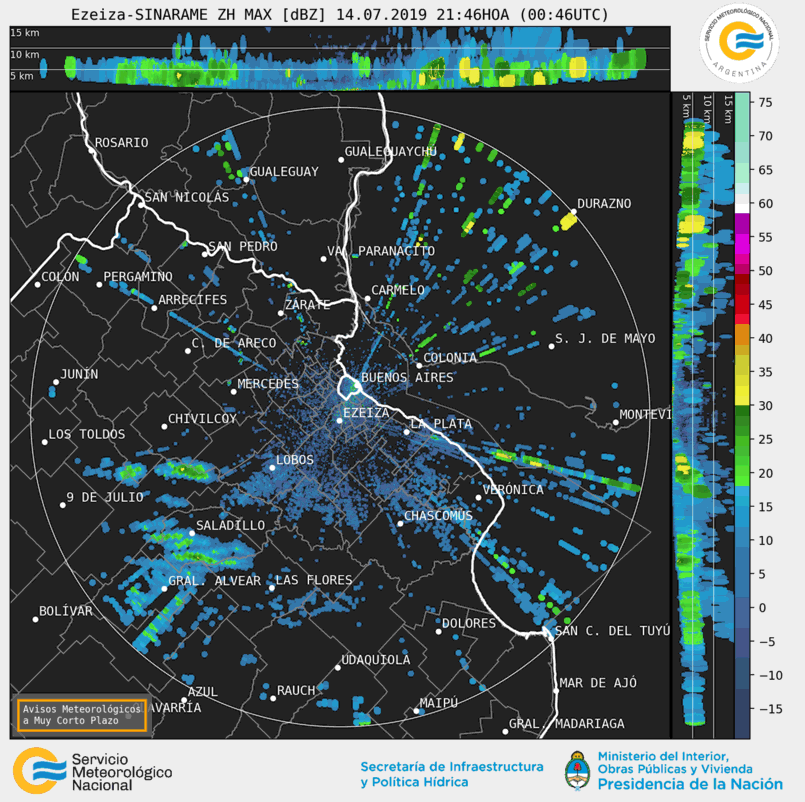 RepClimatico's tweet photo. 22:18 Hs #SMN Radar de Ezeiza #Chivilcoy tal a lo previsto algunas precipitaciones aisladas al Sur del Partido, lo que resta de hoy #Dom14 y madrugada del #Lun15 inestable con chances de precipitaciones aisladas, luego iría mejorando.. https://t.co/vYJBiKatSb
