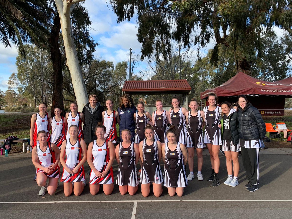 netballvic's tweet photo. Yesterday, @melbournevixens’ Mwai Kumwenda, and netball legend @EloiseSouthby joined the netballers in Maryborough for @WorkSafe_Vic’s #GameoftheMonth, offering some inspiring words!🤩
Trentham FNC ran away with the win against the Rovers, 47-53! Make your #WorkSafePledge! https://t.co/EuaR8llS7r