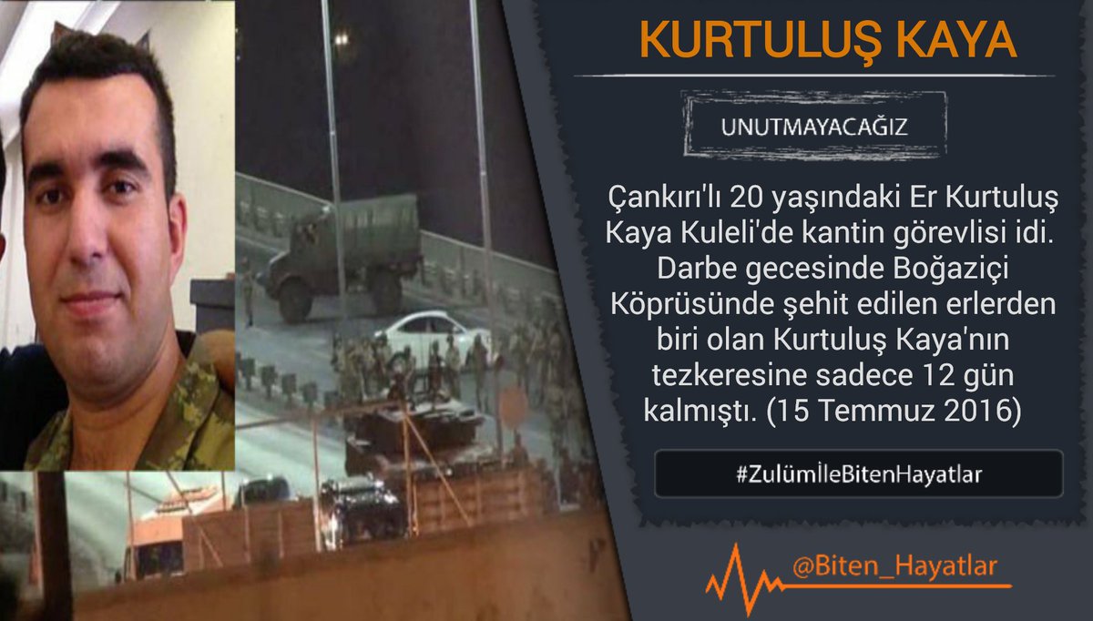 UNUTMADIK

Üç yıl önce bugün,

Kuleli'de kantin görevlisi iken komutanlarının talimatı ile götürüldüğü Boğaziçi Köprüsünde terhisine 12 gün kala şehit edilen Kurtuluş Kaya'yı #Unutmayacağız

#ZulümİleBitenHayatlar