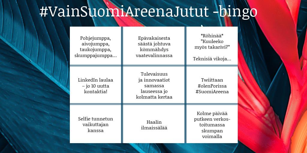 Tänään käynnistyy #SuomiAreena-viikko. Virittäydy tunnelmaan Cocommsin leikkimielisen bingon avulla. Täytä omasi ja huuda bingo – voittaja palkitaan! Nähdään Porissa! 😉