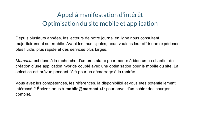 Marsactu's tweet photo. [Appel à manifestation d'intérêt] Marsactu cherche un prestataire pour son appli et site web mobile. N'hésitez pas à faire tourner ! Plus d'infos ici ->  https://t.co/x1oc8Ykzor https://t.co/qyLyJ5ybUI