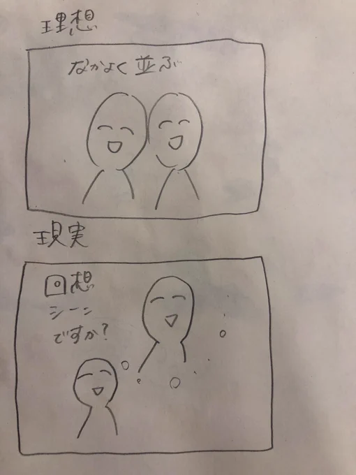仲良く並んでる図を描きたいのに、絵が下手すぎて距離感も遠近感もおかしいから下の図になる現象を今日のスケブで起こしまくった… 