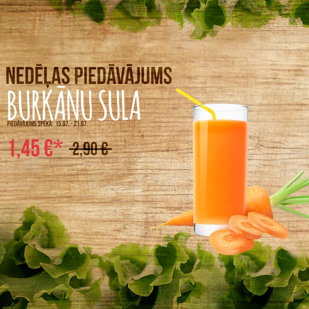 Nāc pie mums un atsvaidzinies ar svaigi spiestu burkānu sulu par īpašu cenu visu šo saulaino nedēļu!