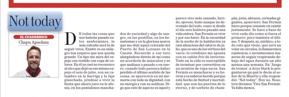 ChapuApaolaza's tweet photo. ‘NOT TODAY’. El último Cuadernico de estos sanfermines en @DiariodeNavarra. Ha sido un placer enorme. Ya falta menos. https://t.co/1HhrE1qd66