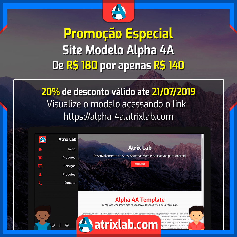 atrix_lab's tweet photo. Promoção Especial da semana válido até 21/07/2019

Sites de Baixo Custo Modelo Alpha 4A com 20% de desconto, de R$ 180 por apenas R$ 140
Visualize o Modelo: https://t.co/dDyGdaX214

Qualquer dúvida ou para adquirir entre em contato pelo WhatsApp: https://t.co/npHJCQJhGL

#Segunda https://t.co/THCQmIJqbs