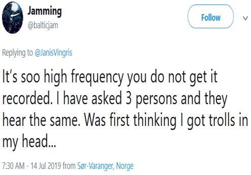 Very strange metallic sound from Russia in intervals.
Anyone heard of this high frequency sound along border to Russia? Kind of scary when thinking of Cuba.
So high frequency you do not get it recorded. Have asked 3 persons &amp; they hear same. First thought I got trolls in my head.