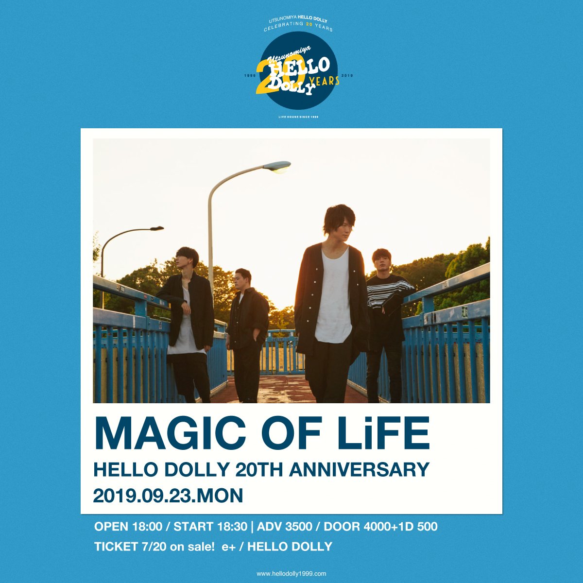 MAGICOFLiFE_JP's tweet photo. >>>NEXT LIVE

HELLO DOLLY 20TH ANNIVERSARY

▼2019年9月23日(月祝)
＠宇都宮HELLO DOLLY
OPEN 18:00 / START 18:30

HELLO DOLLYの20周年を
MAGIC OF LiFEがお祝いします!!!!!

特別なワンマンなので是非！

e+(https://t.co/u5pcKXlVRZ) https://t.co/PtBcLEsrDK