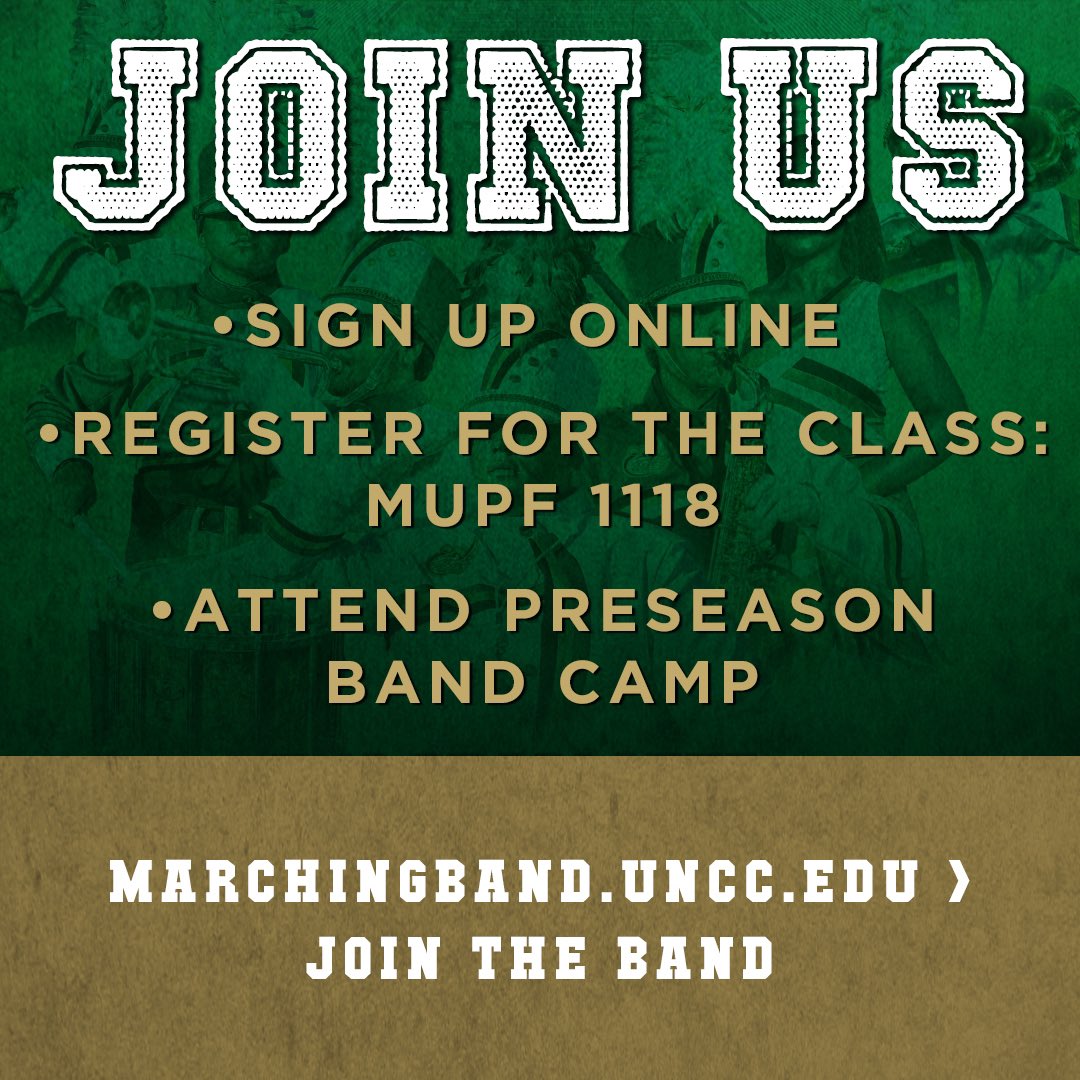 PNNMB's tweet photo. JOIN US!!! ⛏️🤙
We want you in our band family. PNNMB rehearses during fall semester from 4:15–6:15 p.m. on Mon, Wed &amp; Fri. Most members agree the time commitment is not nearly as demanding as it was in their high school marching band.
#PNNMB #ExperiencePRIDE #UNCC #MarchingBand https://t.co/AaiEBSca1A