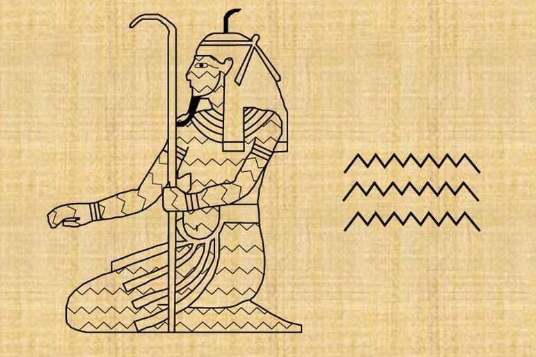 In ancient Egyptian mythology their creation story involves water. Specifically the primordial waters, the god of which is called "Nun". Nun's symbol is a zig-zag line symbolizing water.  https://www.realmofhistory.com/2018/01/16/15-ancient-egyptian-gods-goddesses-facts/