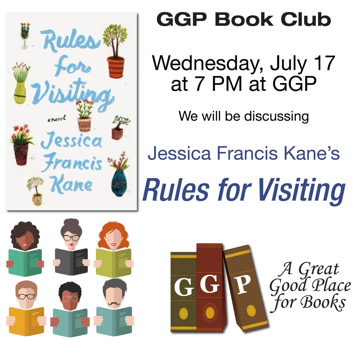 GreatGoodPlace's tweet photo. Join on Wed. July 17 at 7 PM for a book club discussion of #RulesForVisiting by @JessicaFKane. 

"I loved the quiet power of RULES FOR VISITING. It’s a celebration of connections, friendships, and a story of the choices we make and sometimes the choices that make us."—@kathcald https://t.co/k7WNs2jdG2