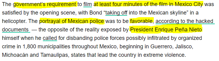 7/ Excerpts: - Govt's requirement: film at least 4 minutes of film in Mexico City, portraying Mexican police as favorable!-  #Projection was opposite of reality- 43 college students had disappeared just months before, their deaths covered up- People protested vs Media spin!