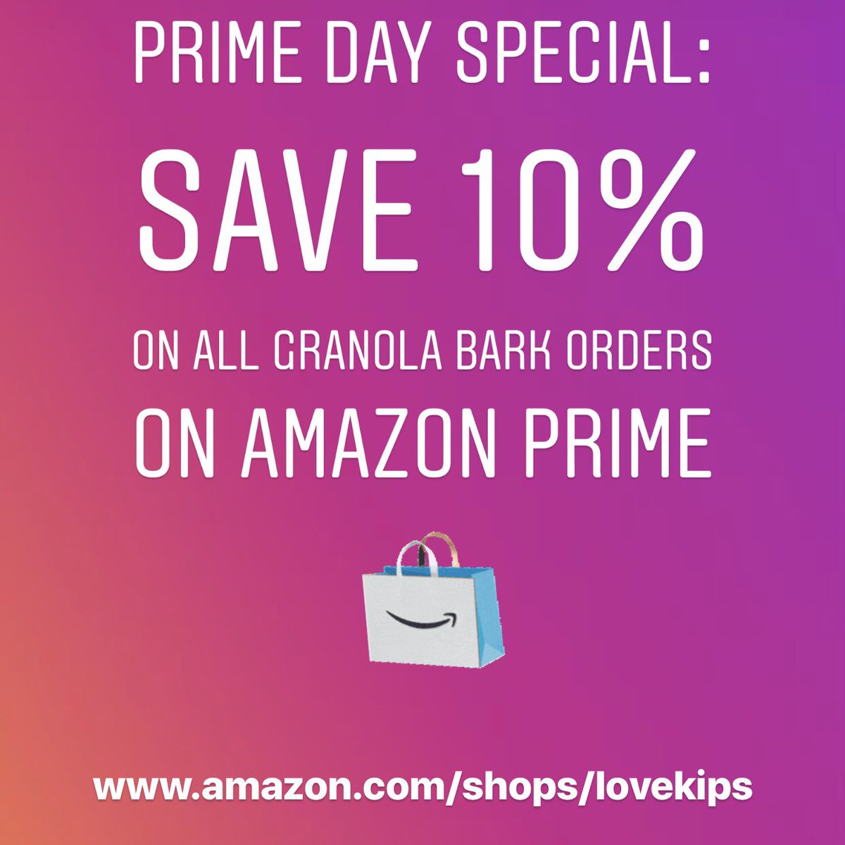 lovekips1's tweet photo. #PrimeDay2019 is almost here!  Starting tonight at midnight, save 10% on all orders of Granola Bark on Amazon Prime! #vegansnacks #nutfreesnacks https://t.co/DYISiMCzlR