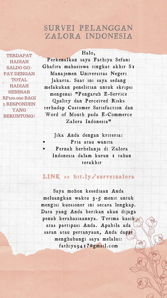 nojammarkeu's tweet image. Halo semuanya,
Saat ini saya sedang melakukan penelitian untuk skripsi. Jika kalian memenuhi kriteria yang disebutkan, mohon bantuannya untuk mengisi kuesioner di bit.ly/surveizalora. Partisipasi kalian sangat membantu saya. Terima kasih :)