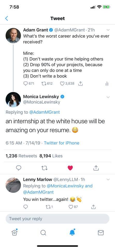 social_brains's tweet photo. Epic twitter reply to @AdamMGrant from @MonicaLewinsky https://t.co/MF39Qmfthu