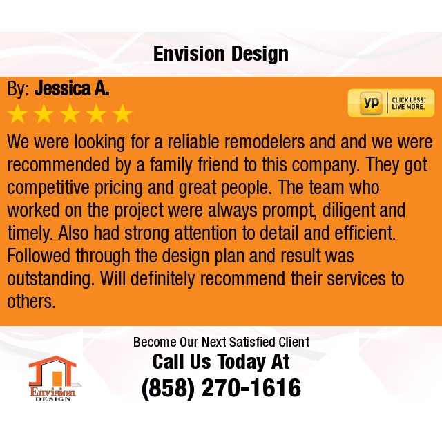 EnvisionSD's tweet photo. 5 Star: Jessica A. "We were looking for a reliable remodelers and and we were recommended by a family friend to..." https://t.co/WgbglpVCJ5 https://t.co/4TipxkLJ6H