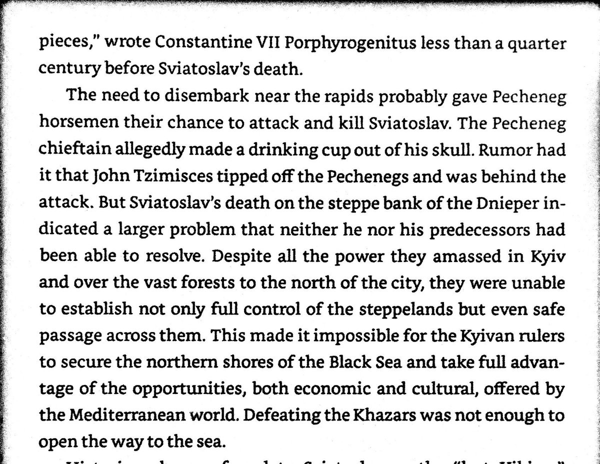 Despite the destruction of the Khazars, the Slavs were unable to control the steppe. Porting rivers south of the forest line remained extremely dangerous. Unable to sail past the 40 miles of cataracts, Slavs remained isolated.