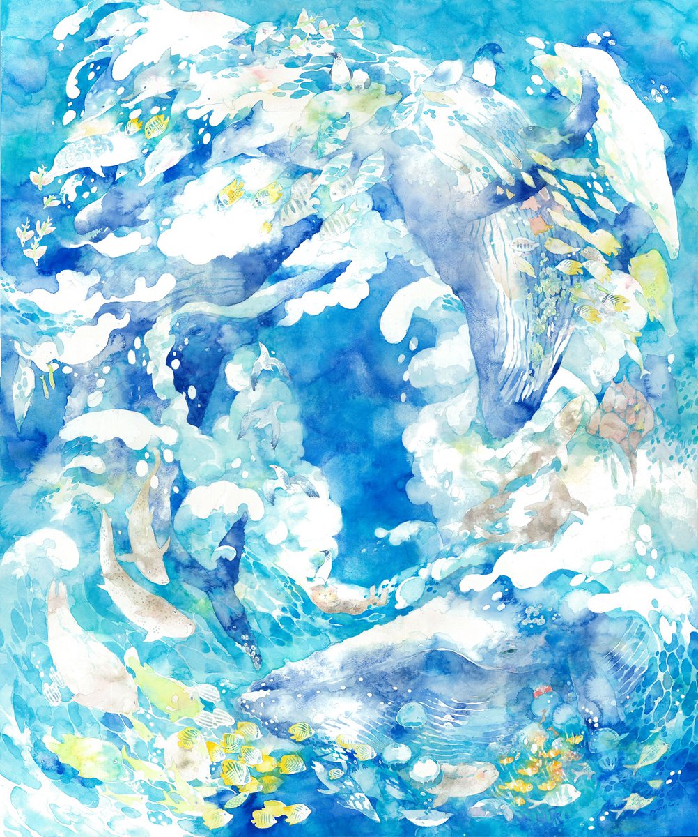 painting (medium) watercolor (medium) traditional media no humans fish waves blue theme  illustration images