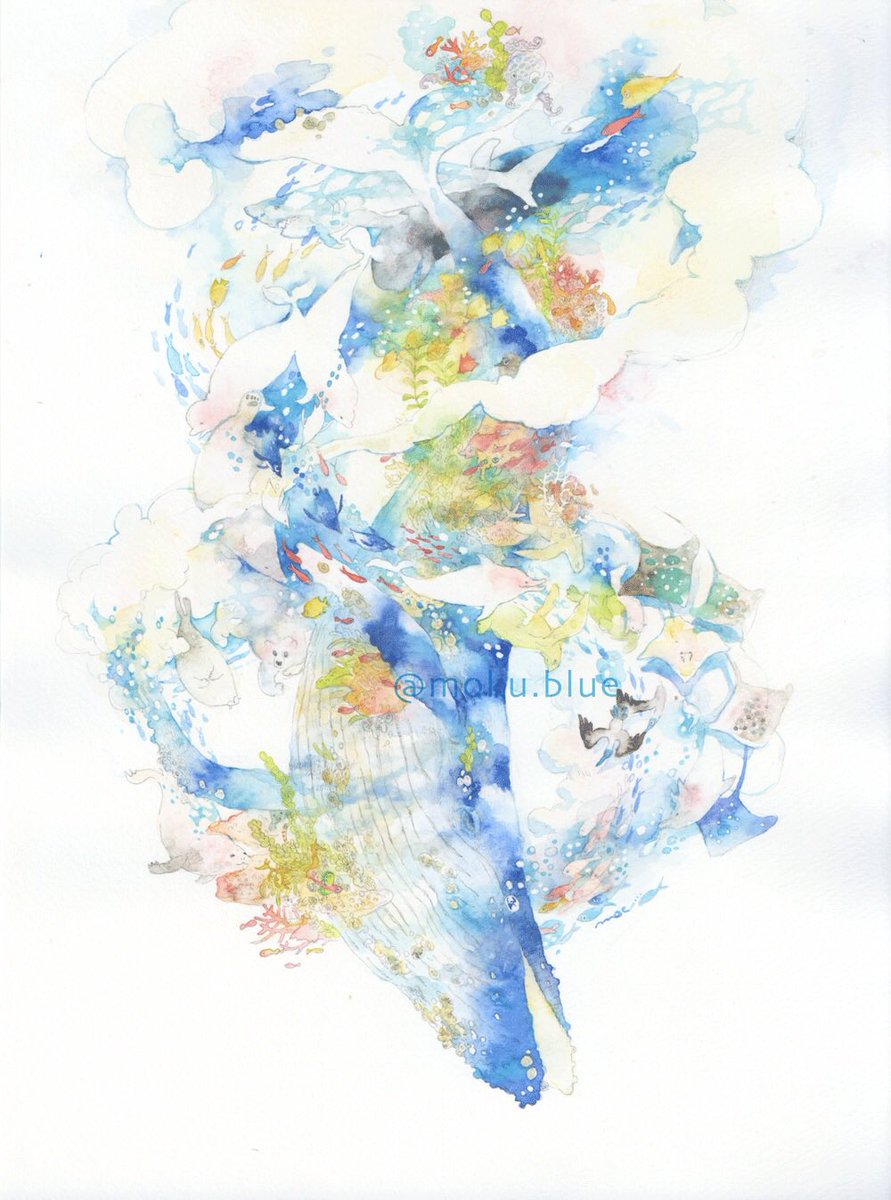 painting (medium) watercolor (medium) traditional media no humans fish waves blue theme  illustration images