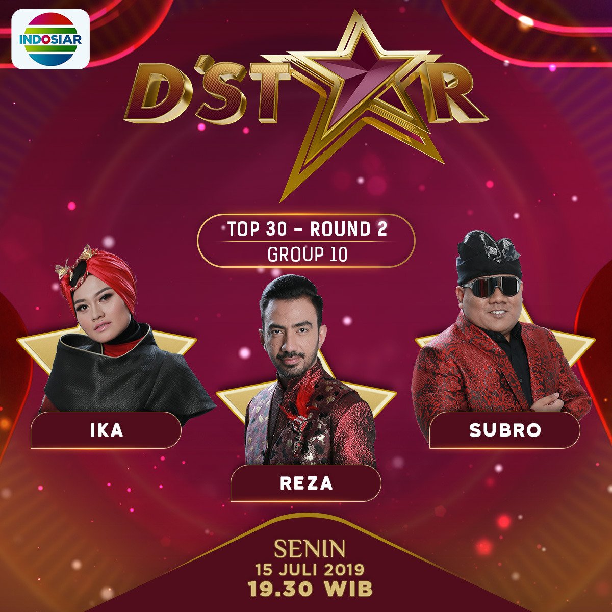 Selamat siang Indosiar Mania, jangan sampai ketinggalan yaa dengan penampilan dari Ika, Reza, dan Subro di babak top 30 Round 2 Grup 10 #DStar malam ini, pukul 19.30 WIB