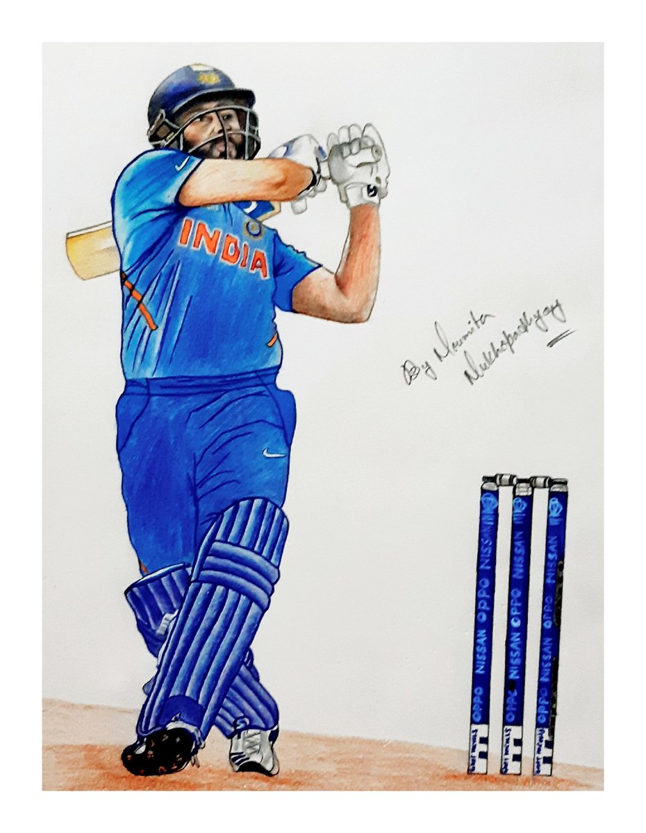Moumita0429's tweet photo. The Hitman @ImRo45 beauty brings up his 5th🏆 #CWC19 💯 .Third century in a row. Also becomes the only batsman to score 5 century in WorldCup 🏆
A small tribute from his Fan 😊
❤❤
#CWC19 #RohitSharma
#IndianCricketTeam
#pencilsketch #bleedblueforever
#BCCI #rohitsharmaCaptain https://t.co/LcKp3UeDFg