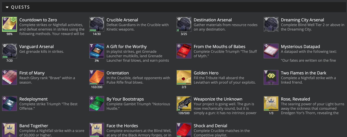 bhollis's tweet photo. Tonight's @ThisIsDIM update brings further improvements to the Progress page - we've improved the display of Pursuits, added Seals, and highlight your tracked triumph. https://t.co/apDNlEirhp