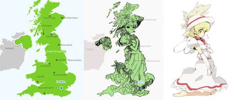 渡 鹿野 時々思い出す あれ イギリスの形が帽子をかぶった女の子に見える という一言で始まったイギリス擬人化イラスト群 人間の想像力ってすごいなーと 大体マンチェスターが悪い