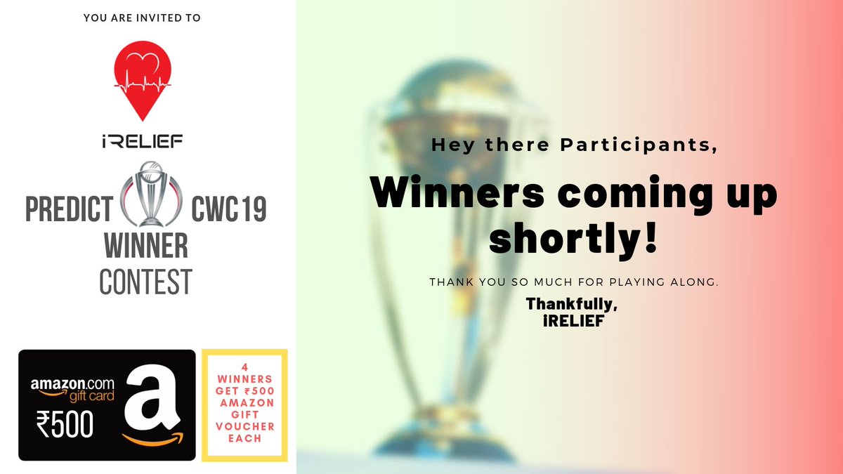 iReliefServices's tweet photo. Dear Participants,
We can't be thankful enough for the level of involvement you all have shown in the #PredictCWC19Winner . #England has been declared CWC19's winner & its time we declare our's. Well, the team is counting. Please bear with us a little more.
Thank you,
#iRELIEF https://t.co/4Q5qfJ5To1
