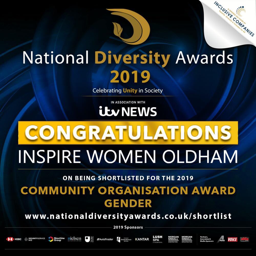 InspireOldham's tweet photo. It’s started it’s this “Congratulations to @InspireOldham ! U have been shortlisted for the Community Organisation Award for Gender at the National Diversity Awards 2019 in association with @ITVCentral !” #Gender #NDAShortlist #NDA19 - Then we began this! https://t.co/pXiNLJyPYZ