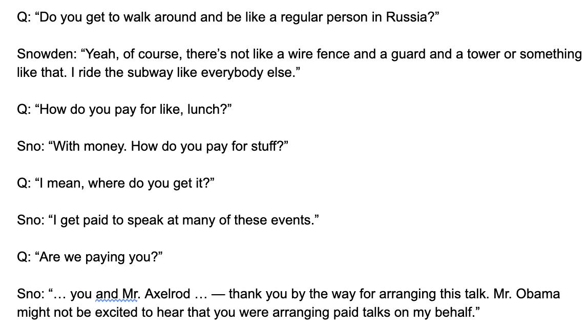 the subsequent Q&amp;A exchange is great:

...Q: “How do you pay for like, lunch?”

Sno: “With money. How do you pay for stuff?”

[Laughs]

Q: “I mean, where do you get it?”

Sno: “I get paid to speak at many of these events.”

Q: “Are we paying you?”...

youtube.com/watch?v=BxKLpA…