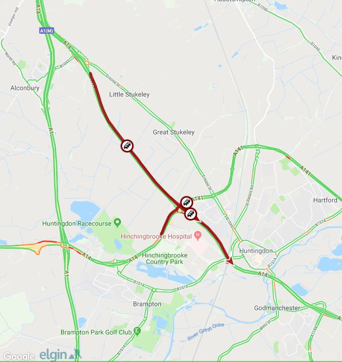 Cambs_Traffic's tweet photo. ⚠️#A14 eastbound between J23 #Spittals and J24 #Godmanchester. There is a broken down vehicle in lane 1 (of 2). Highway Officers and Police are en route. Please approach with caution and allow extra time for your journey. https://t.co/wrUoFdQnoM