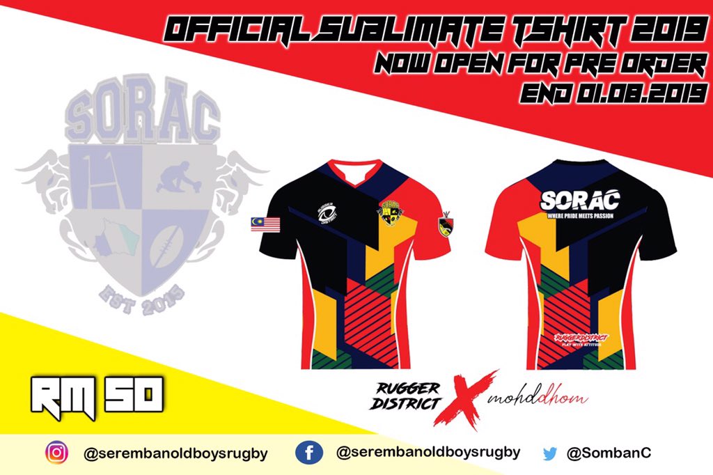 SombanC's tweet photo. Official training shirt 2019. 
Assalamualaikum tuan-tuan dan puan-puan. Salam sejahtera. Disini kami membuka order kepada sesiapa yang berminat untuk memliki baju training edisi 2019 Club Sorac. Baju keluaran @ruggerdistrict_ yang tip top 💯 💯 https://t.co/NIYi5hnqeo