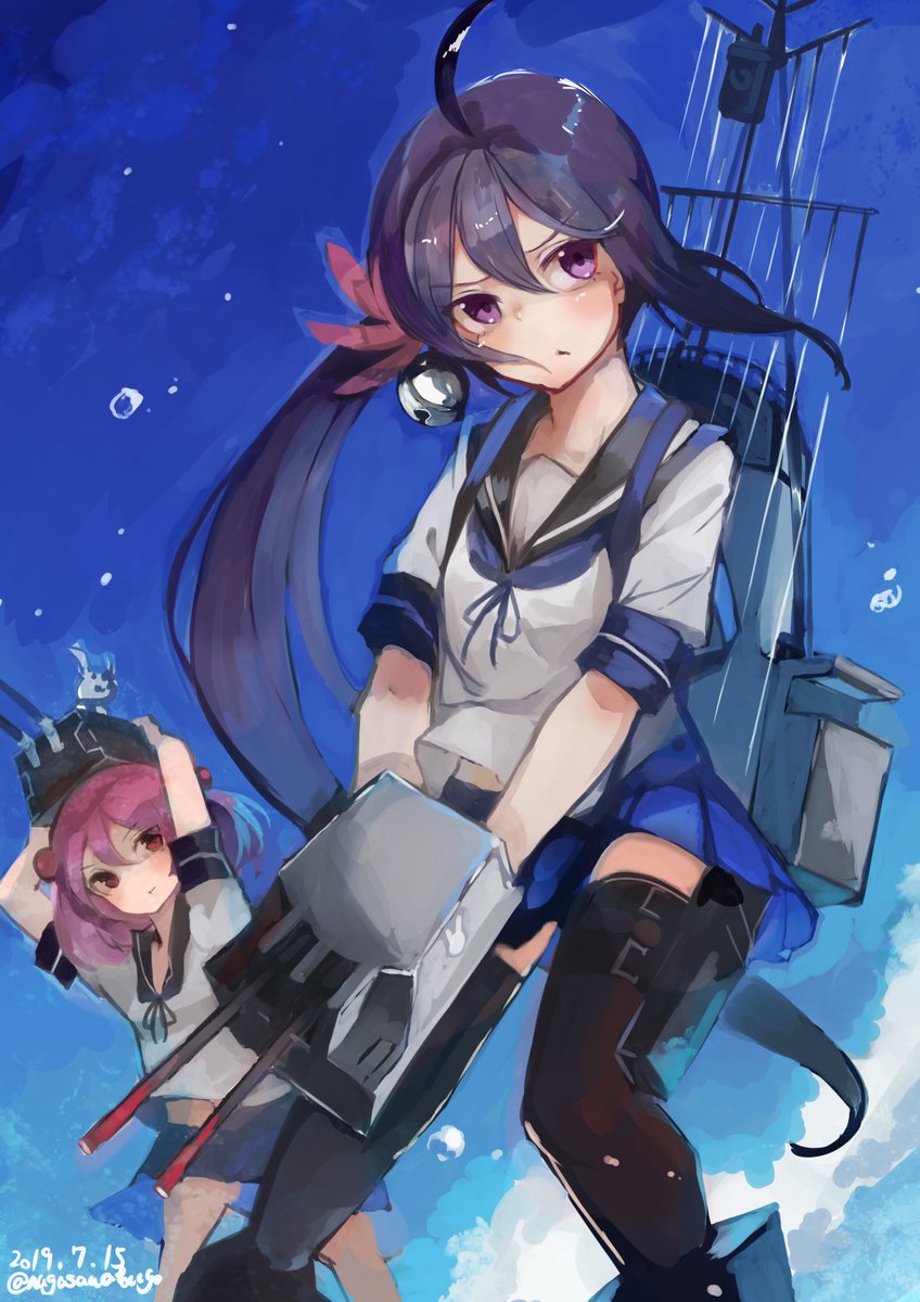 akebono (kancolle) ,sazanami (kancolle) multiple girls 2girls hair ornament hair bell flower school uniform hair flower  illustration images