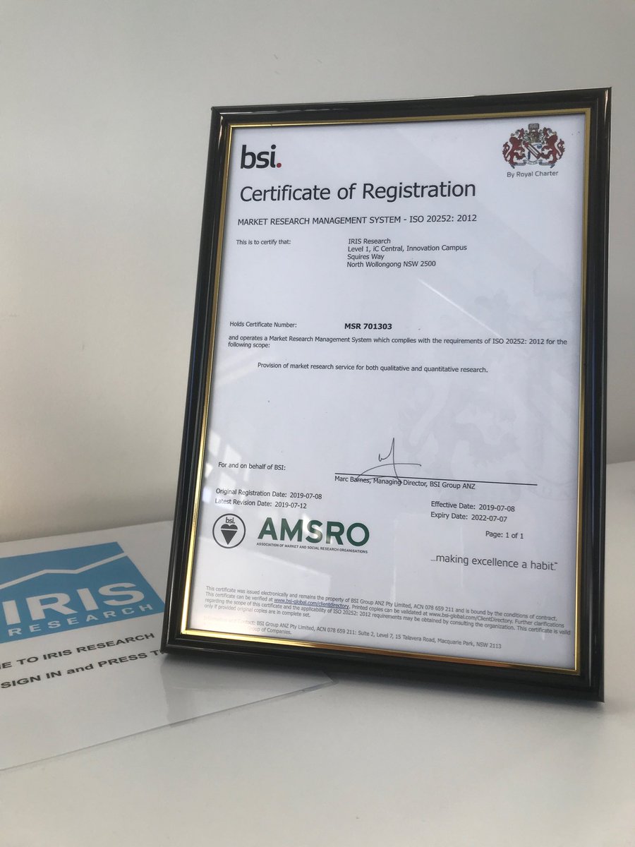 irisresearch's tweet image. ‘Making excellence a habit.’ 
Very proud to display this humble piece of paper at our reception. ⁦Thank you ⁦@BSI_UK⁩
#quality #QA #marketresearch #socialresearch ⁦@BSI_UK⁩