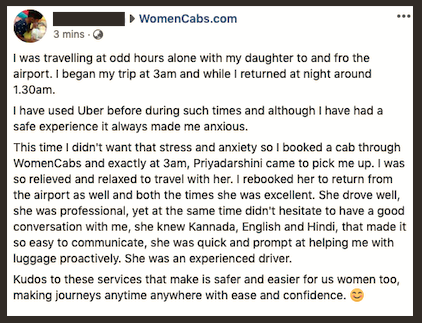WomenCabs's tweet photo. Our team is on a mission to provide safer, secured rides and protect dignity of women passengers on the go. 
kind words from our customers help us to remain motivated and improve our services. 
#womensafety 
#womenempowerment 
#Bangalore https://t.co/cdVeAuG9s2