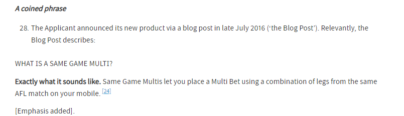 mjwip's tweet photo. Sportsbet #trademark for SAME GAME MULTI rejected under 41(3) https://t.co/u5uznhr4Cb This tidbit probably didn't help matters https://t.co/F6mbBVCyVv
