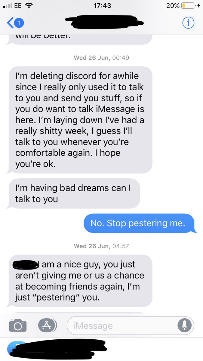 From one of my friends. She met this "nice guy" on Discord"this dude lost his mind because he didn't like that I have a boyfriend, so he's stalking my personal details (number, etc) and harassing me constantly with new numbers, videos of him crying, sobbing and screaming @ me."