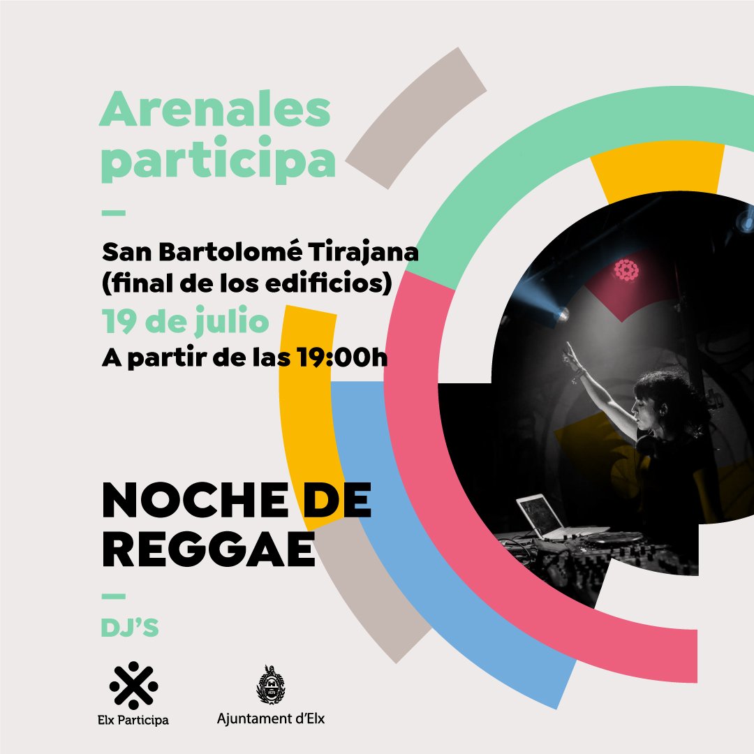 ElxParticipa's tweet photo. Aquest cap de setmana finalitza la II Edició d'#ElxParticipa, i ho fa amb dues dates que no et pots perdre 😉

- Divendres 19: Nit de reggae en Arenals del Sol.
- Diumenge 21:  Javi Chou i Miguel Caamaño en La Vallverda.

Segueix els esdeveniments en https://t.co/DzY0uQvd2a 🔁 https://t.co/bqLaJs6kyO