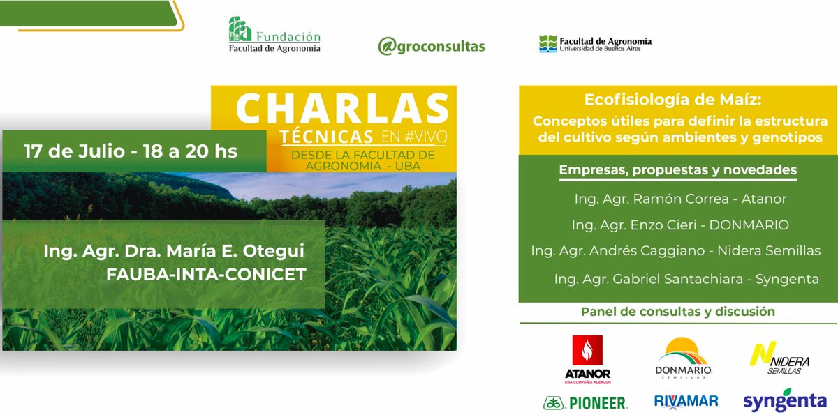 📢 No te pierdas esta #CharlasTecnicasACO
🌽 Conceptos de ecofisiología de Maíz que te ayudan a tomar decisiones
🗓️ 17 de Julio 🕕18.00h (GMT-3)
🌎 Desde donde estés
📱#ENVIVO #ONLINE directo desde @FAUBA_oficial 
👉🏼 bit.ly/2XNFVPd