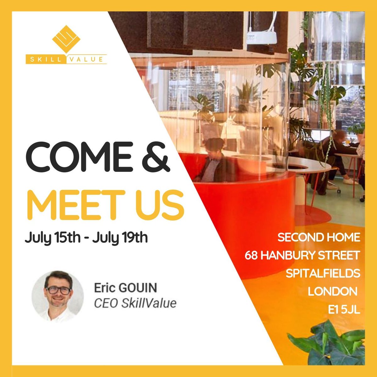 📣 Eric Gouin, CEO SkillValue, will be in London between 15th – 19th July at <a href="/SECONDHOME_IO/">SECOND HOME</a> . We can help you boost your #recruitment strategy using our 3 main services:

👨‍💻 #IT #Freelancing

🤓 #Assessment

👥 #Recruitment
Set up a meeting or a call 👉 bit.ly/32sdlXh