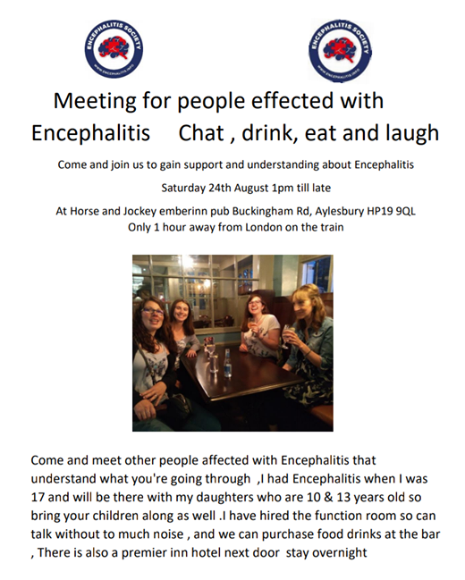 encephalitis's tweet photo. One of our favourite supporters, Dawn, will be holding a get together for @encephalitis members in Aylesbury - an hour away from London - on August 24.

If you are interested in joining her, please send us a message or email comms@encephalitis.info and we'll put you in touch! https://t.co/FpNvHvIoP3