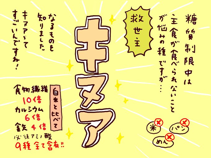 糖質制限に反応頂けて嬉しいです、ありがとうございます🙇‍♀️
全てにわかな知識なので間違いもあるかもしれませんが、何か試したら描いてみます!
#糖質制限③  キヌアについて
食べ方次第で美味しく頂けると思います 