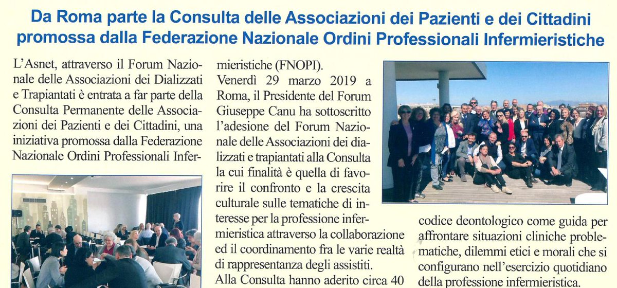 FNInfermieri's tweet image. Sul nuovo numero della rivista ufficiale #Asnet (Associazione Sarda Nefropatici emodializzati e trapiantati Onlus) ampio spazio ai lavori della Consulta #FNOPI della Associazioni dei #Pazienti e dei #Cittadini. 🤝