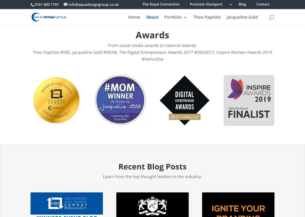 AquaDesignGroup's tweet photo. Proud to be a @TheoPaphitis #SBS winner 2011, @Jacqueline_Gold #MOM winner 2012, @UKDEA #DEA2017 Finalist 2017 and @InsprWomen #HeForShe Finalist 2019. #SmallBusiness #ATSocialMedia #Stockport #MotivationMonday https://t.co/NB1PCYZEeN https://t.co/sfJ9KlqM97