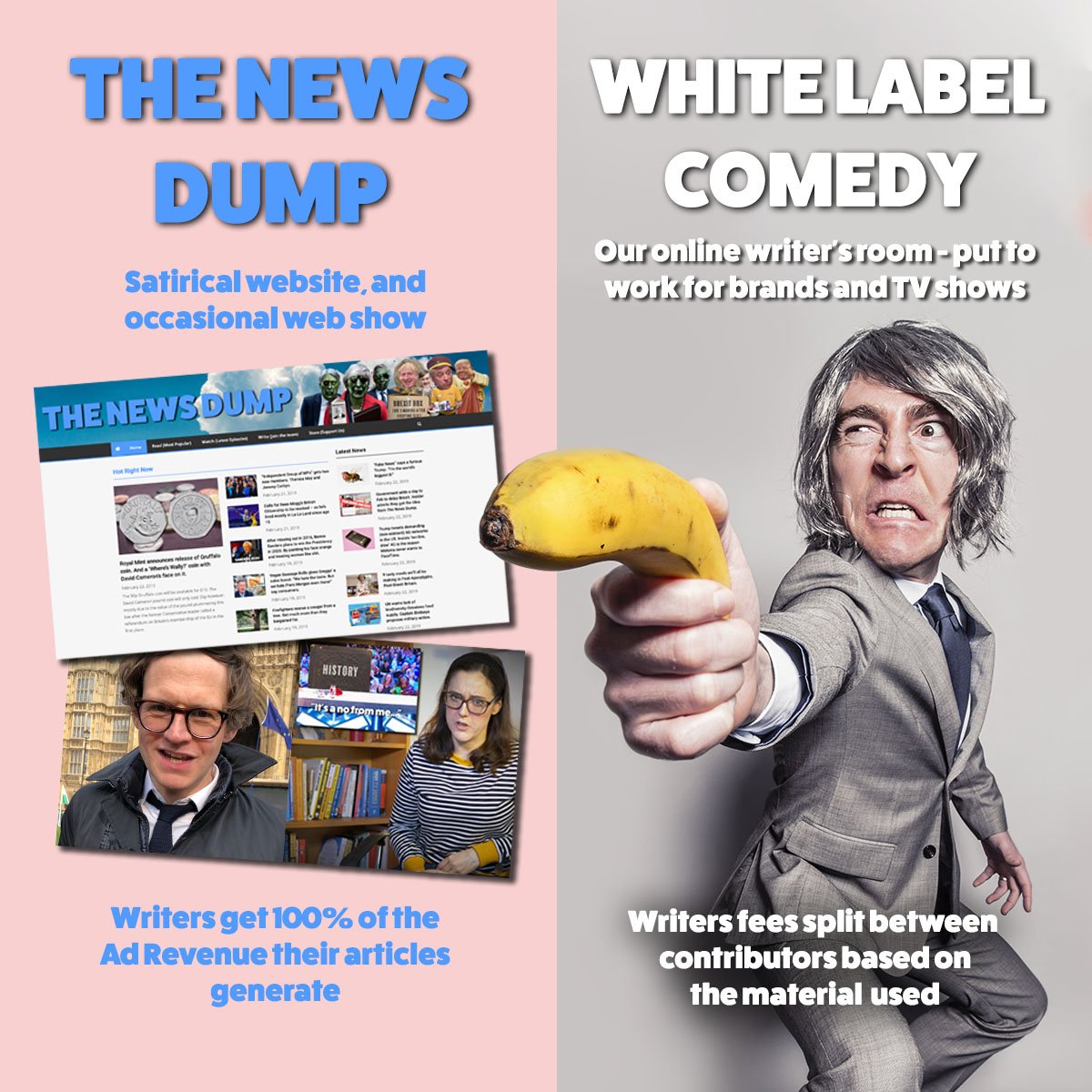 COMEDY WRITERS! The News Dump is a satirical website + web show (all Ad Revenue goes to writers); White Label Comedy offers Brands + TV companies access to the hive mind that is our writer's room (they pay us, we pay you). Join us here (for free, obvs): buff.ly/2SM17TQ