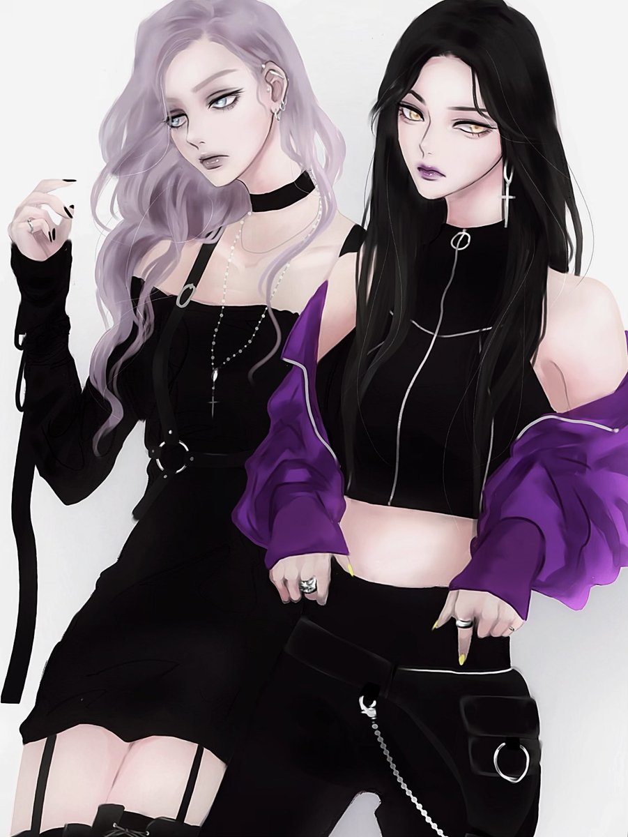 2girls multiple girls jewelry black hair earrings jacket pants  illustration images