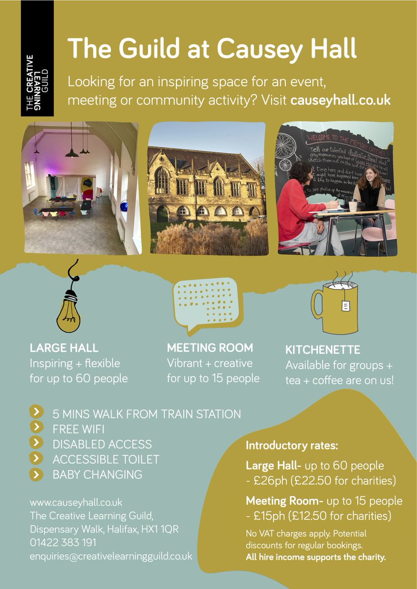 Another week of welcoming a variety of hirers to <a href="/CauseyHall/">The Guild at Causey Hall</a>  Dancing for all ages <a href="/babyballet/">babyballet Limited</a> and Barbara Peters School of Dance.  Meetings for  <a href="/HealthyMindsCW/">Healthy Minds</a> &amp; <a href="/Calderdale/">Calderdale Council</a>  and regular sessions for <a href="/PurplePatchArts/">Purple Patch Arts</a> and Calderdale Young Carers. Do you need space in Halifax?