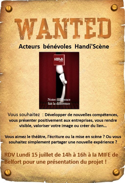 Vous êtes accompagnés par Cap emploi ? 
Rdv aujourd'hui (15/07) de 14h à 16h à la MIFE de Belfort (place de  l’Europe) pour une présentation du projet Handi'scène. 
#handicap #théâtre #compétences #belfort <a href="/25Emploi/">Cap Emploi 25-90</a> #capemploi #handiscène #employeurs #visibilité #aventure #projet