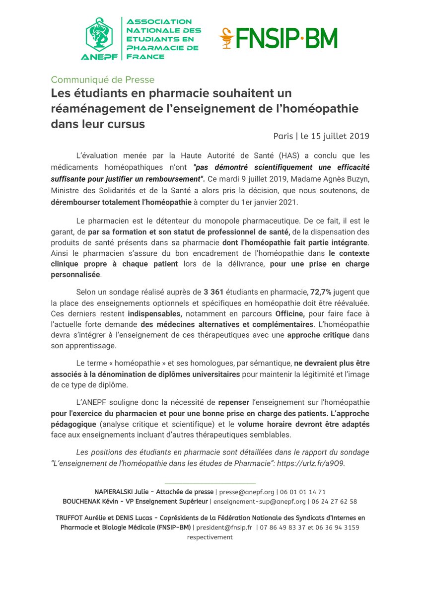 ANEPF Pharmacie (@pharma_anepf) on Twitter photo Suite au rapport de la <a href="/HAS_sante/">Haute Autorité de santé</a> et la décision d'<a href="/agnesbuzyn/">Pr Agnès Buzyn</a> @MinSoliSante de dérembourser l'#homéopathie, les étudiants en #pharmacie se sont positionnés sur la place de l'homéopathie dans leurs études.
🔎 Retrouvez le rapport détaillé sur : drive.google.com/a/anepf.org/fi… Suite au rapport de la <a href="/HAS_sante/">Haute Autorité de santé</a> et la décision d'<a href="/agnesbuzyn/">Pr Agnès Buzyn</a> @MinSoliSante de dérembourser l'#homéopathie, les étudiants en #pharmacie se sont positionnés sur la place de l'homéopathie dans leurs études.
🔎 Retrouvez le rapport détaillé sur : drive.google.com/a/anepf.org/fi…