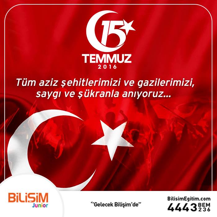 15 Temmuz Demokrasi ve Milli Birlik Günü Kutlu Olsun!🇹🇷️
Tüm aziz şehitlerimizi ve gazilerimizi, saygı ve şükranla anıyoruz.

#15Temmuz #15temmuzdemokrasivemillibirlikgünü #Unutmayacağız #BilişimJunior