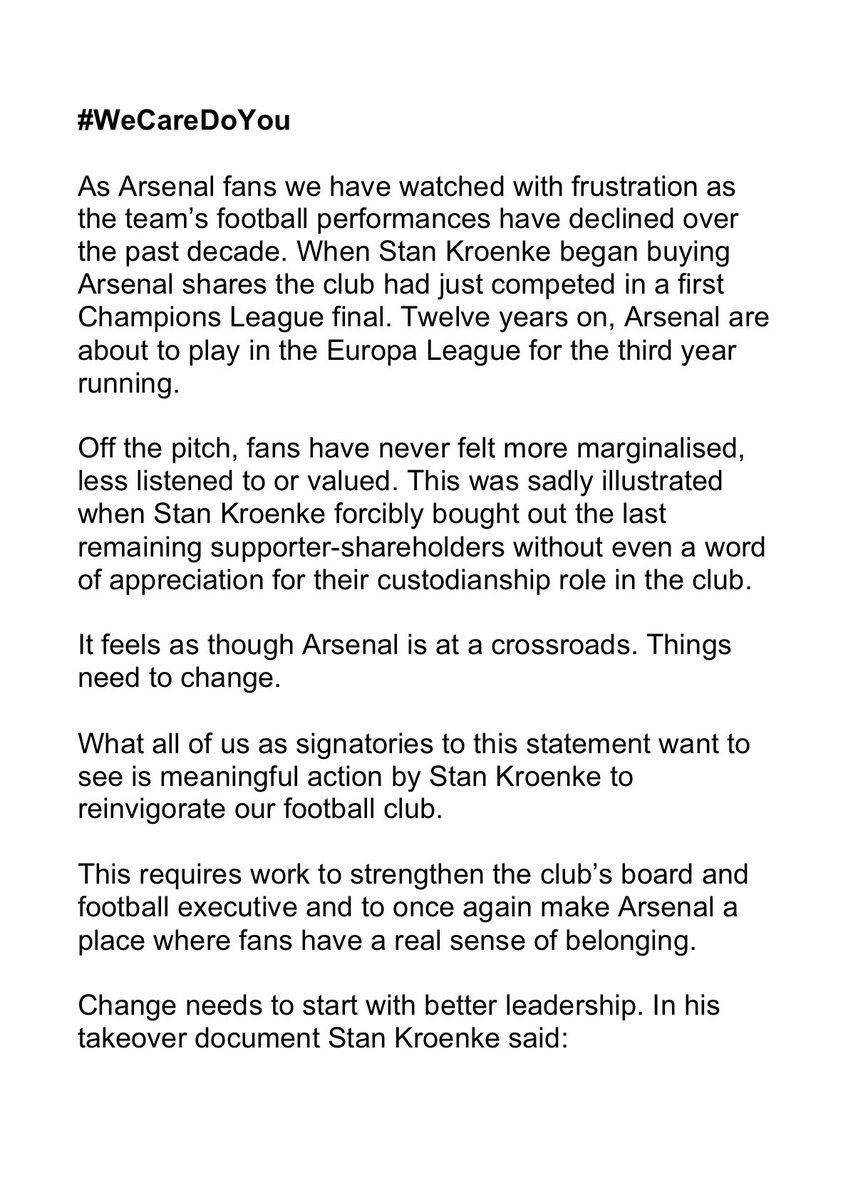 GoonerFanzine's tweet image. #WeCareDoYou
Arsenal influencers unite to pressure Stan Kroenke to shape up or sell up.
Please retweet if you agree with the statement.